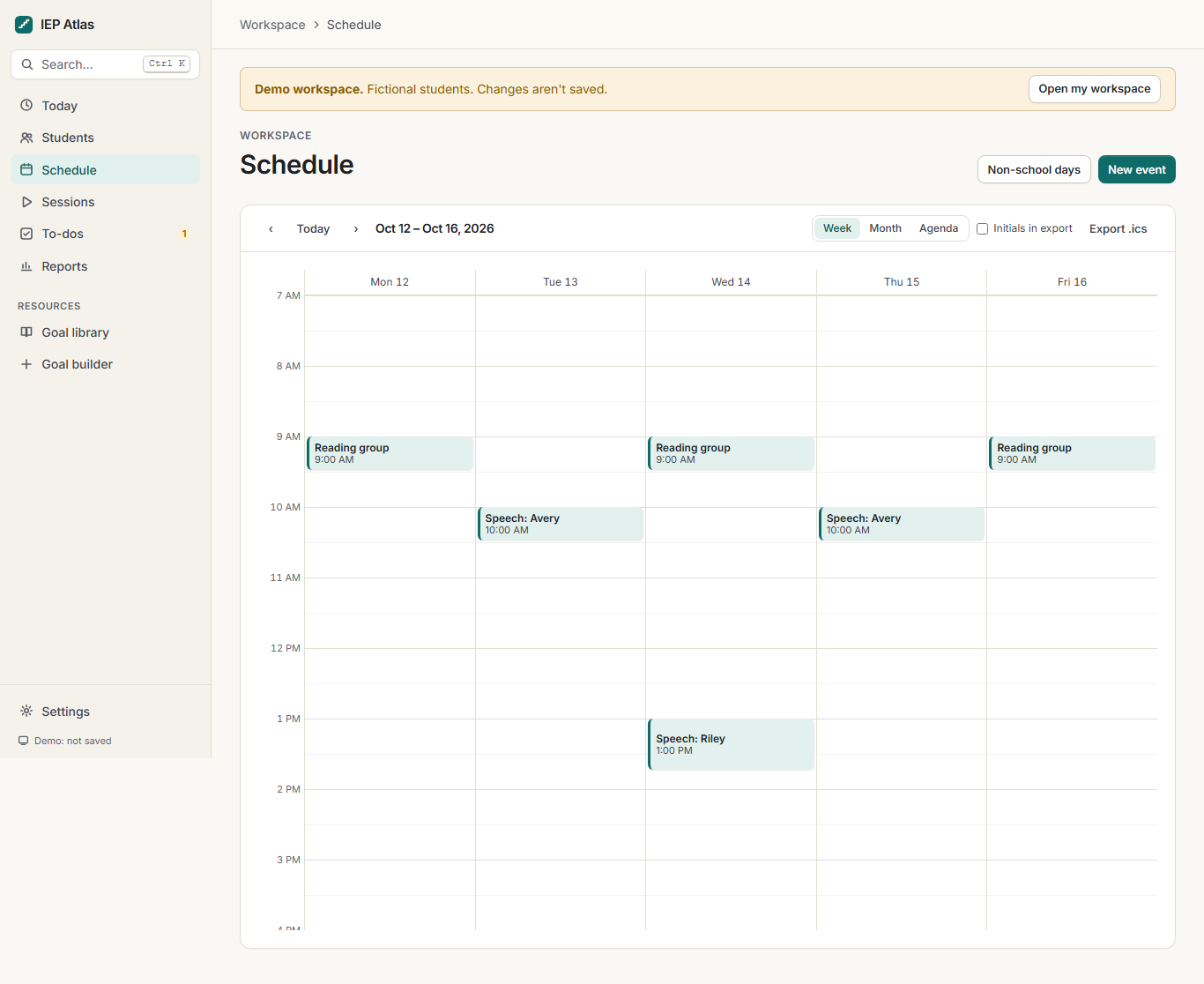Week view of the schedule with reading group and speech sessions.