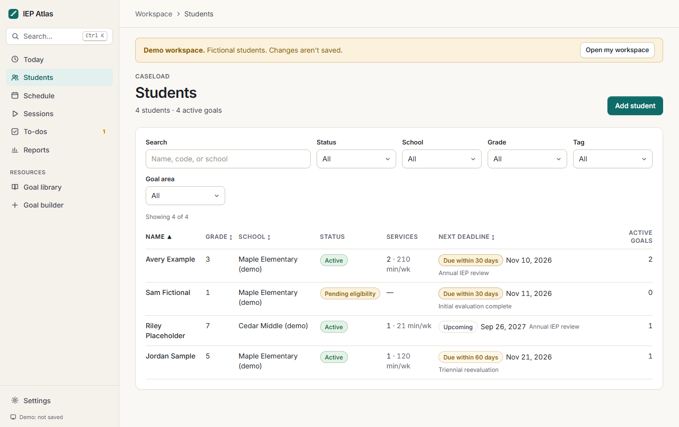 Students list with status, services, next deadline, and active goals for each student.