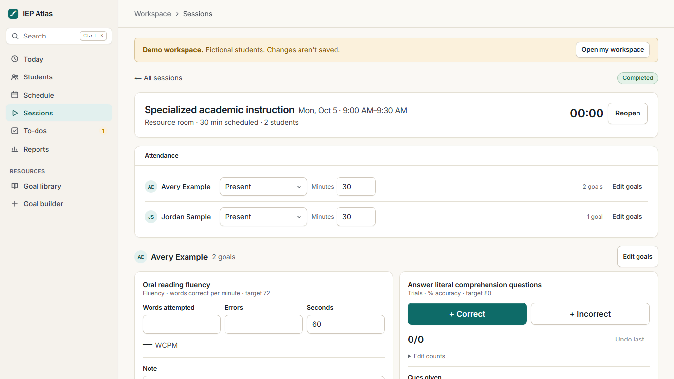 The IEP Atlas session runner: live data capture for each goal, with a trial counter and cue tallies.
